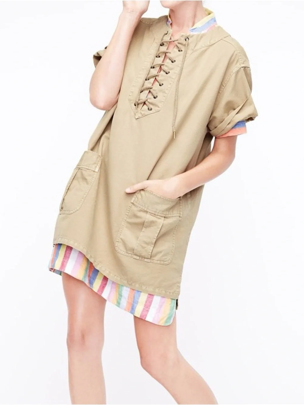 J.Crew khaki linen cotton blend lace-up cargo shift dress